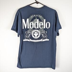 Modelo Cerveza Mens L Blue Graphic T-Shirt 100% Cotton Front Back Beer Logo Tee